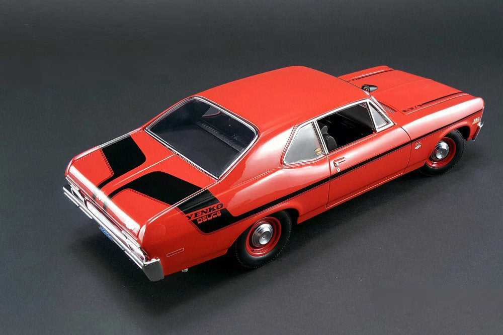 1/18 scale model of a 1970 Chevrolet Nova Cranberry Red color with black stripes.