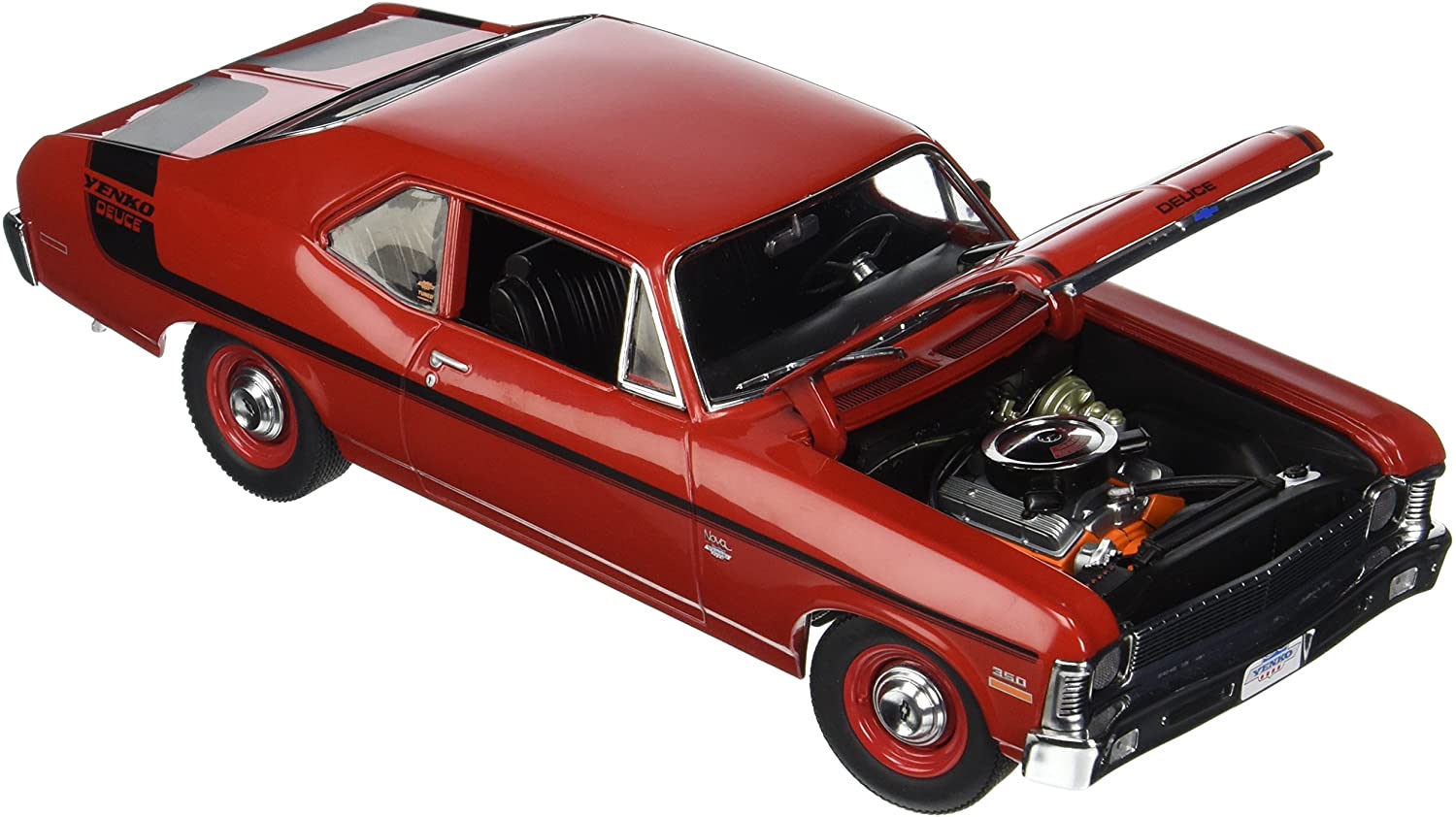 1/18 scale model of a 1970 Chevrolet Nova Yenko Deuce in red color with an open hood showing a detailed engine bay and interior.