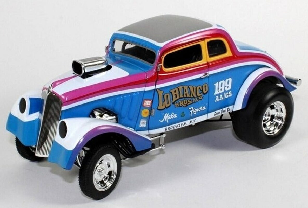 A 1/18 scale model of a 1933 LoBianco Bros Gasser with multicolored paint scheme and "Lo Bianco Bros & Co" lettered on the side.