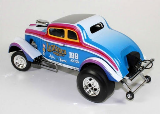 A 1/18 scale model of a 1933 LoBianco Bros Gasser with multicolored paint scheme and "Lo Bianco Bros & Co" lettered on the side.