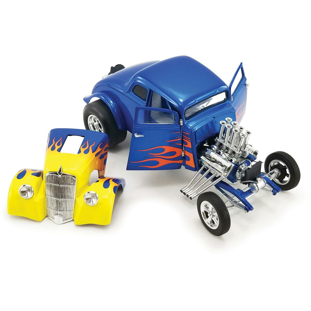 Diecast model car of a 1933 Willys Gasser in blue with yellow to red flames starting at the front  and ending on the doors.  Picture shows the doors open and the hood removed.