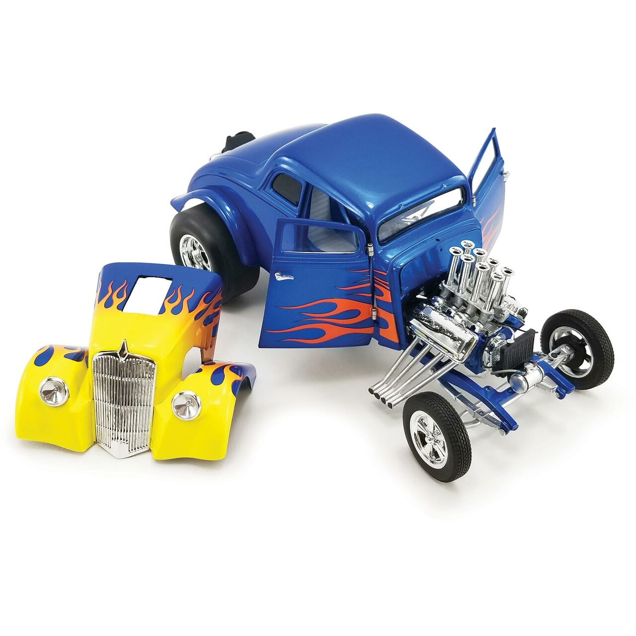 Diecast model car of a 1933 Willys Gasser in blue with yellow to red flames starting at the front  and ending on the doors.  Picture shows the doors open and the hood removed.