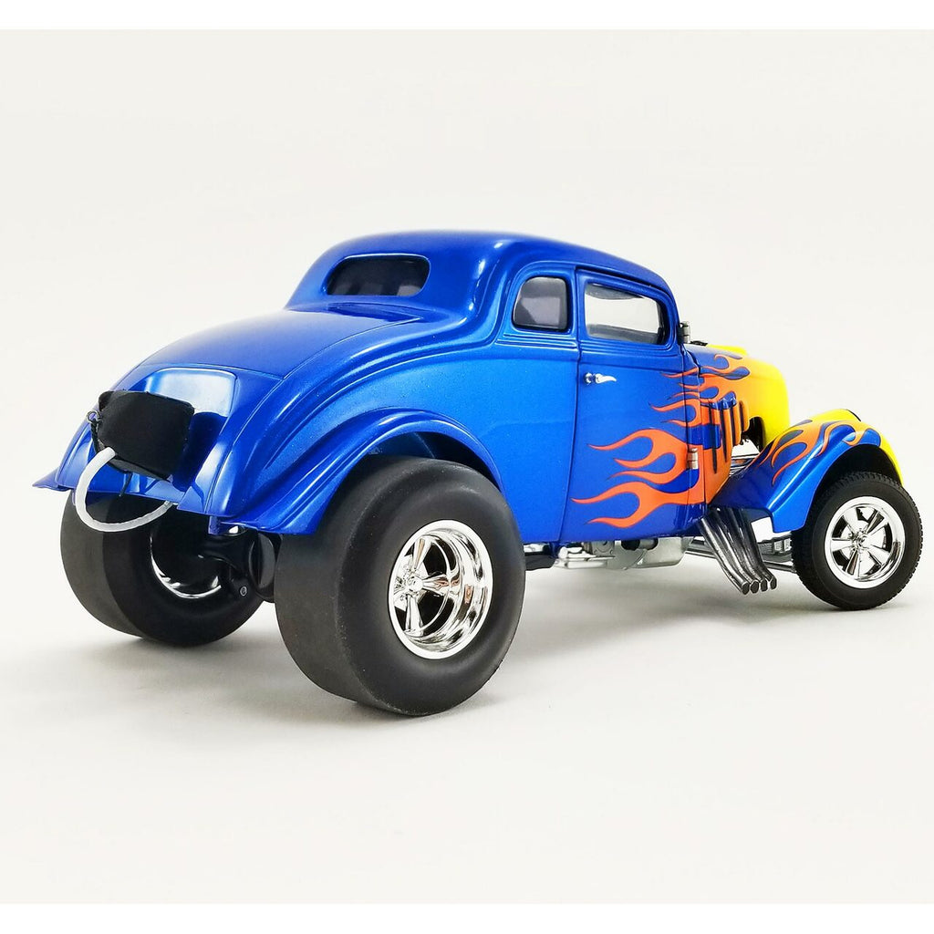 Diecast model car of a 1933 Willys Gasser in blue with yellow to red flames starting at the front  and ending on the doors.