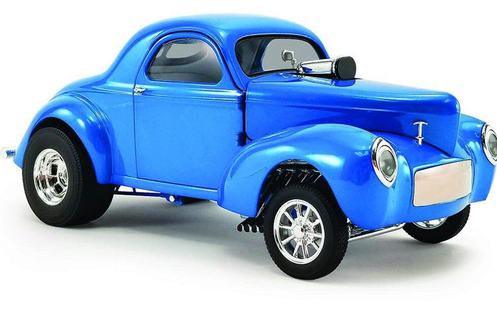 Diecast model car of 1940 Ford Gasser in blue.