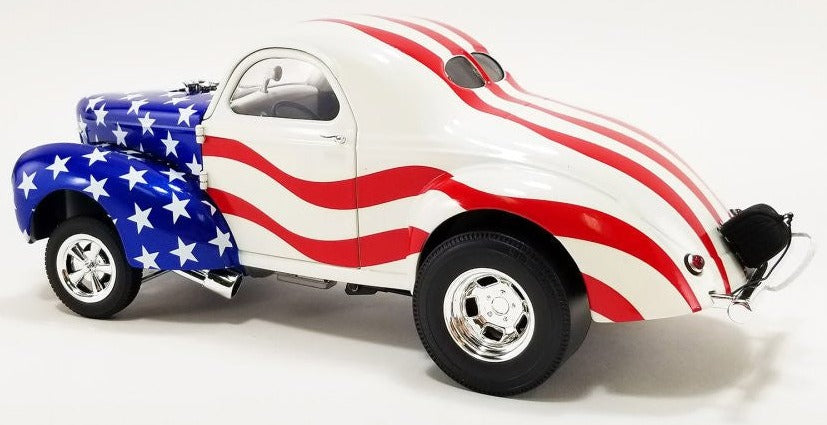 Diecast model car with patriotic paint scheme.