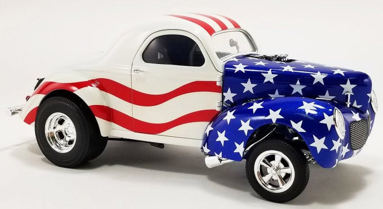 Diecast model car with patriotic paint scheme.