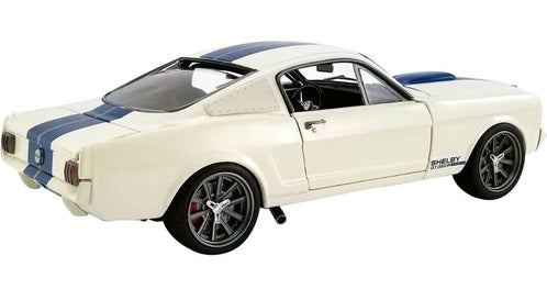A 1/18 scale model of a 1965 Ford Shelby Mustang GT350 R with a white and blue striped paint scheme.