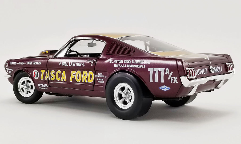 1/18 scale diecast model car of 1965 Ford Mustang with racing decals.
