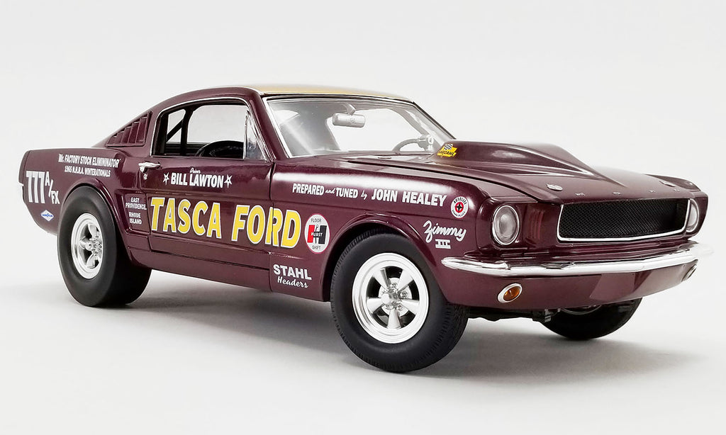 1/18 scale diecast model car of 1965 Ford Mustang with racing decals.