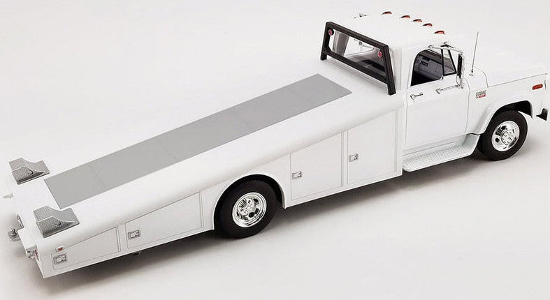 1/18 scale model of a 1970 Dodge D-300 Ramp Truck in white color, with die-cast metal cabin and plastic ramp bed.