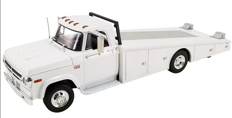 1/18 scale model of a 1970 Dodge D-300 Ramp Truck in white color, with die-cast metal cabin and plastic ramp bed.