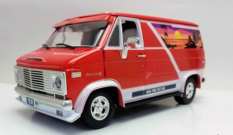 A 1/18 scale model of a red 1976 Chevy G-Series Van with sunset picture painted on the side.