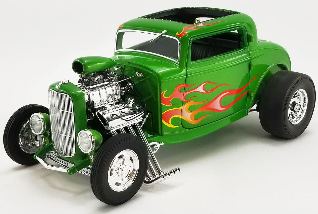 A green 1/18 scale model of a 1932 Ford Hot Rod with a blown Hemi engine, vintage drag wheels and tires, and an open top roof.