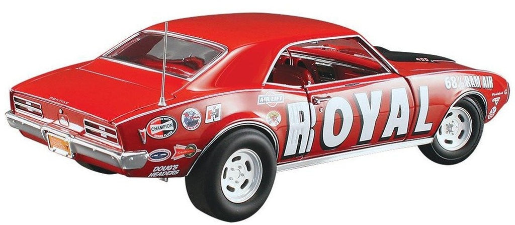 1/18 scale diecast model car of 1968.5 Ram Air Firebird in red with large white "ROYAL" decal on the side.