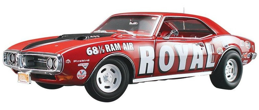 1/18 scale diecast model car of 1968.5 Ram Air Firebird in red with large white "ROYAL" decal on the side.