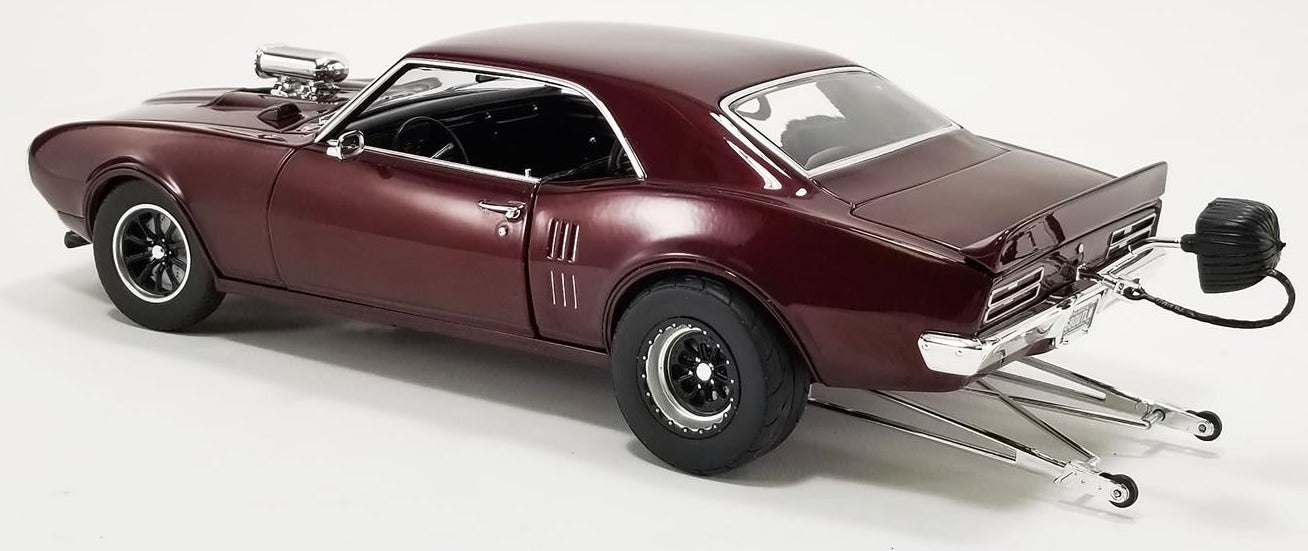 A 1/18 scale model of a 1968 Pontiac Firebird Drag Outlaws in metallic maroon color.