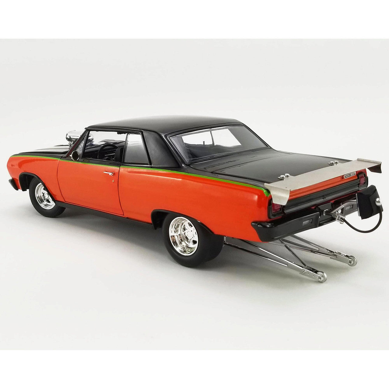 A 1/18 scale model of a 1965 Chevy Chevelle SS Drag Outlaw in orange and black.