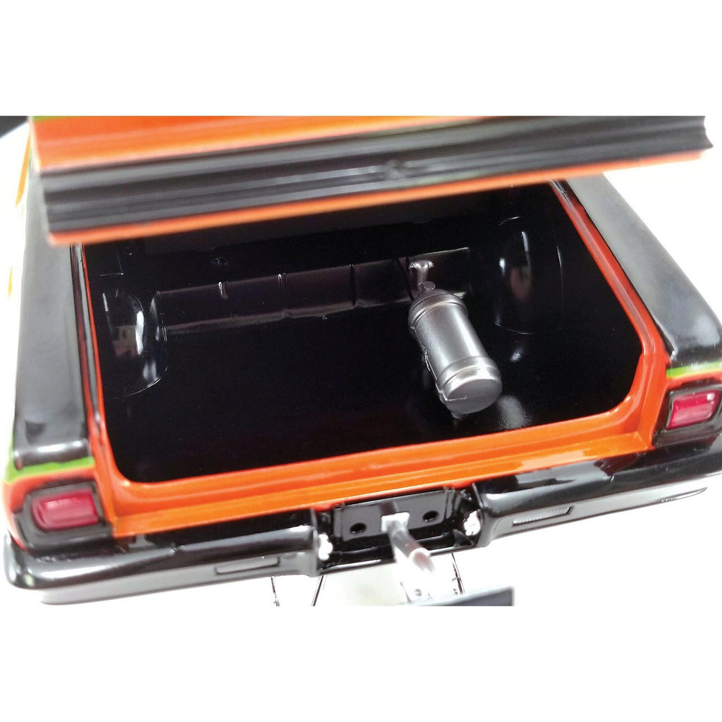 Close up of trunk on an orange diecast model car.