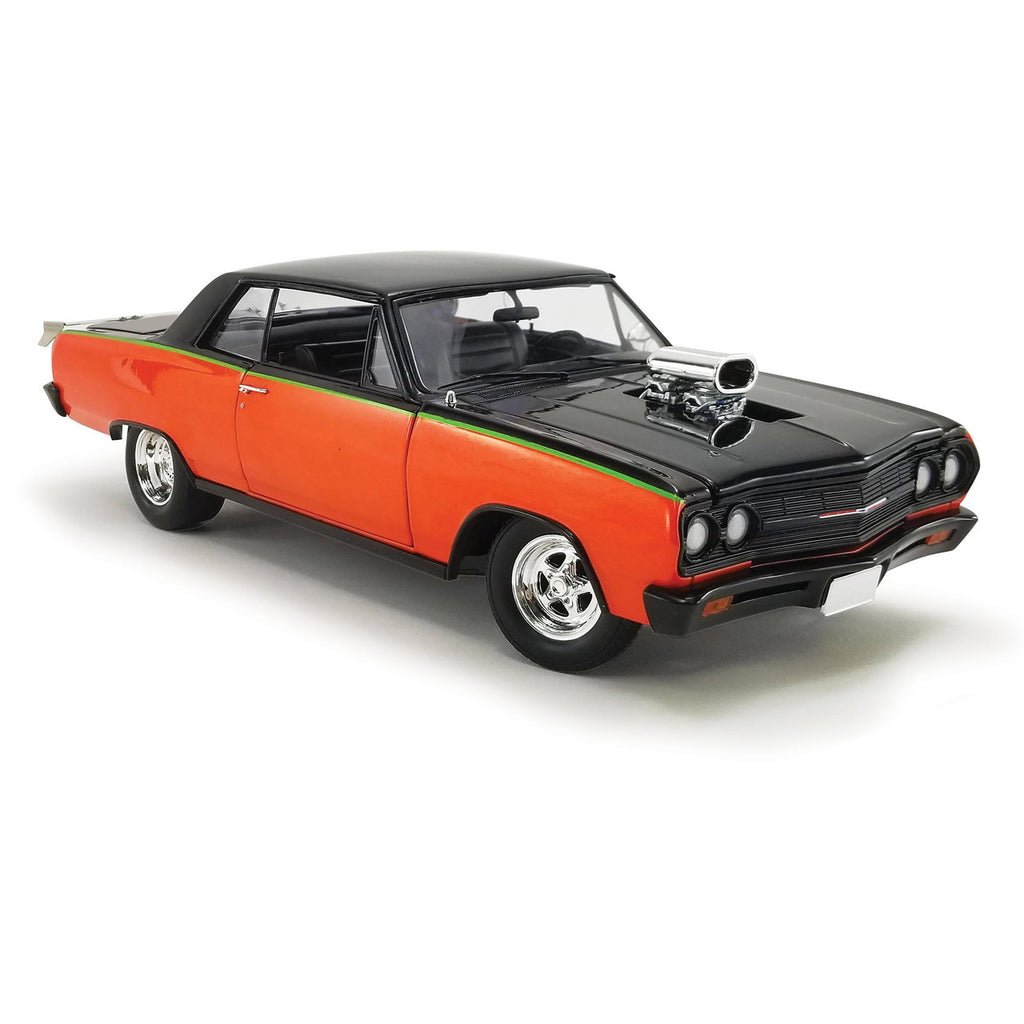 A 1/18 scale model of a 1965 Chevy Chevelle SS Drag Outlaw in orange and black.