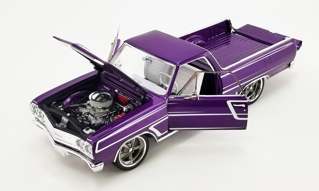 1/18 scale diecast model car of a purple Chevrolet El Camino with the doors, hood, and tailgate open.