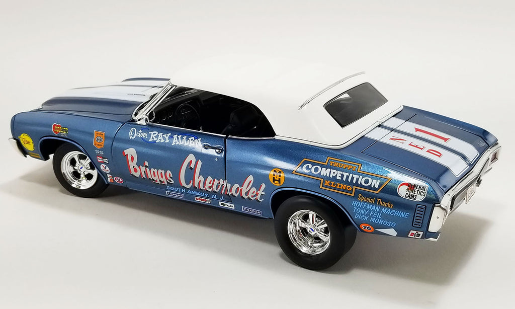 1/18 scale model of a 1970 Chevrolet Chevelle Convertible in blue metallic with white stripes, labeled 'Briggs Chevrolet' Drag Car.