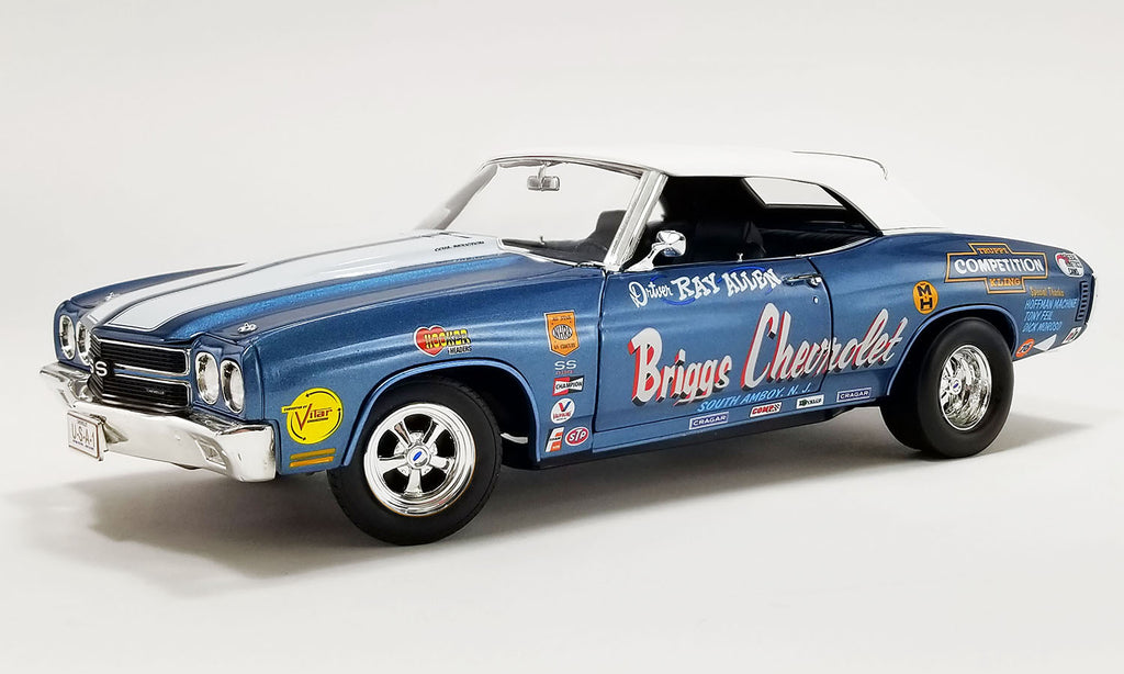 1/18 scale model of a 1970 Chevrolet Chevelle Convertible in blue metallic with white stripes, labeled 'Briggs Chevrolet' Drag Car.