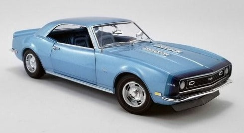 1/18 scale model of a 1968 Chevy Camaro Unicorn Coupe in light blue color.