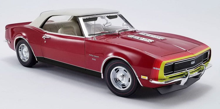 1/18 scale model of a red 1968 Chevrolet Camaro with white Convertible top.