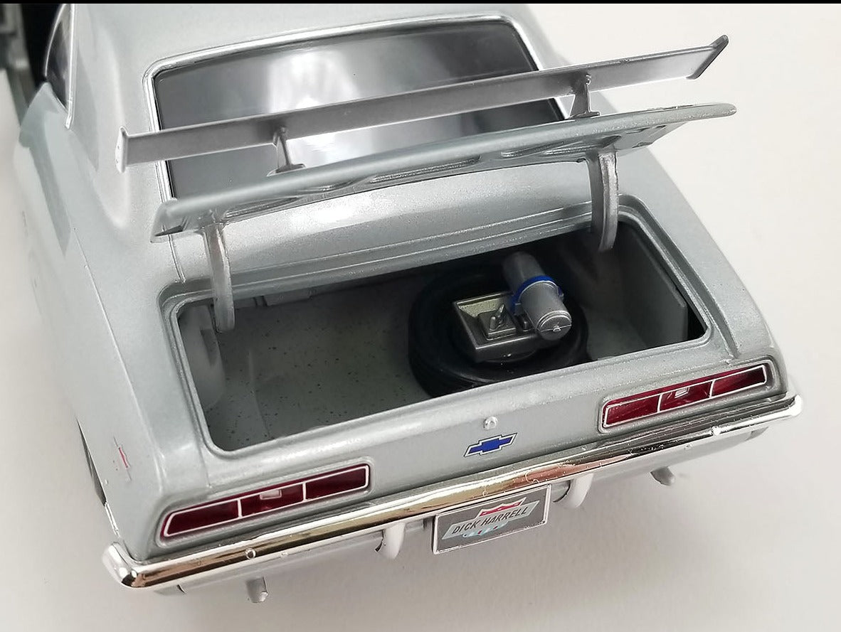 Close up of open trunk on a 1969 Camaro diecast model.