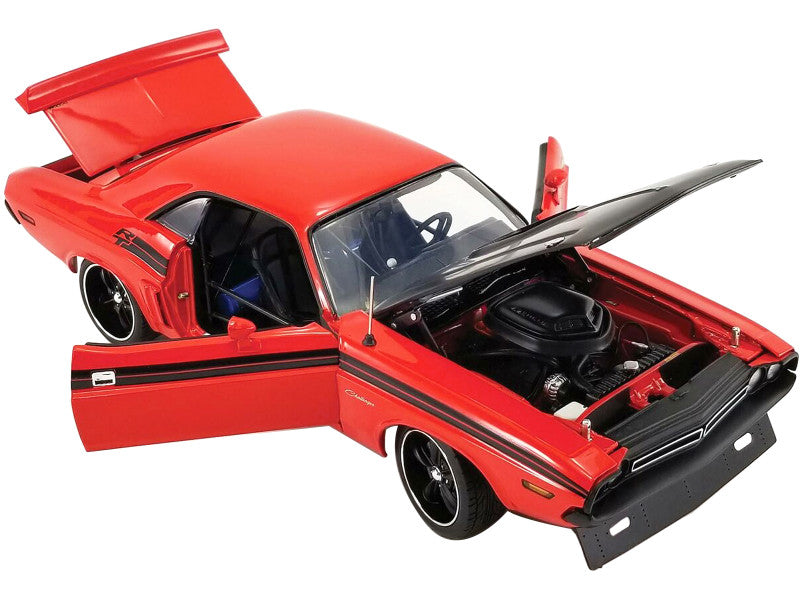 A 1/18 scale model of a 1971 Dodge Challenger Street Fighter in red color with black details.