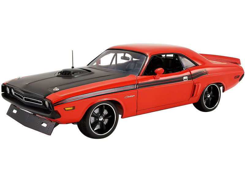A 1/18 scale model of a 1971 Dodge Challenger Street Fighter in red color with black details.