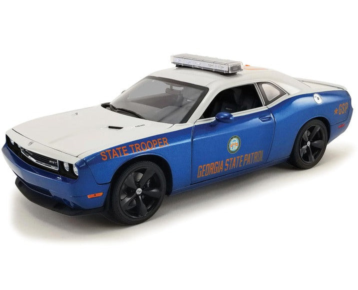 1/18 scale model of 2010 Dodge Challenger SRT8 painted white and blue with Georgie State Patrol graphics on the side and a light bar on the roof.