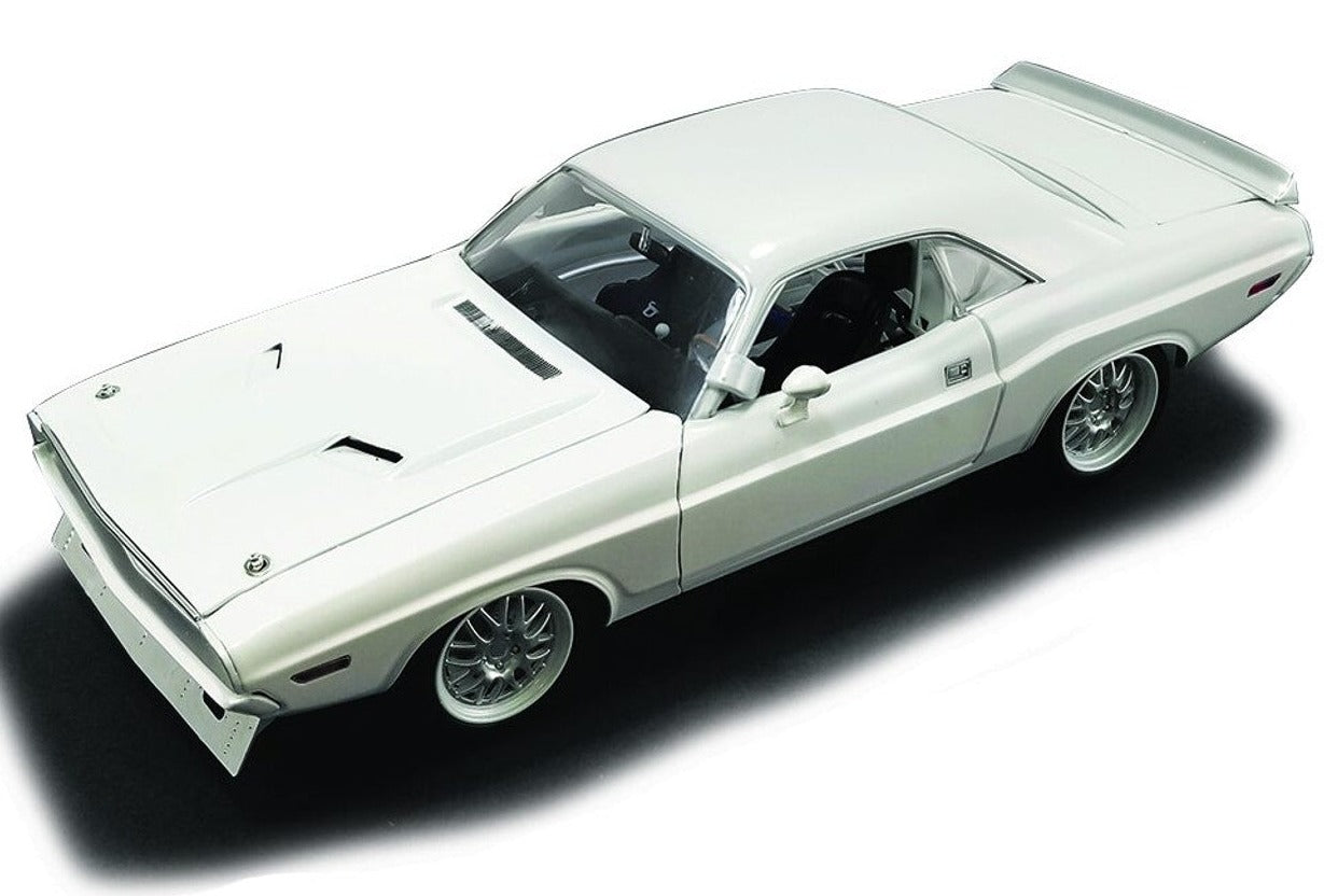 A 1/18 scale model of a 1970 Dodge Challenger SF Kowalski in white color.