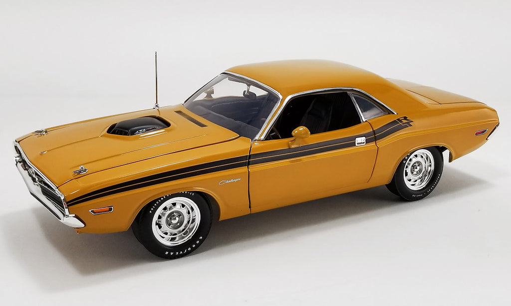 A 1/18 scale model of a 1971 Dodge Challenger R/T Hemi in Butterscotch color with Black Stripes.
