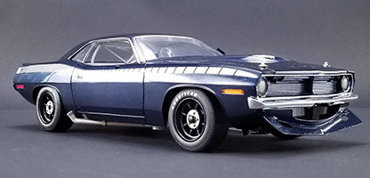 Diecast model of a 1970 Barracuda in blue with white stripe down the side.