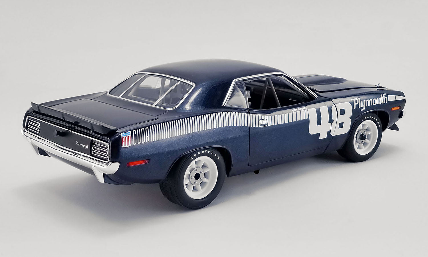 A 1/18 scale model of a 1970 Plymouth TRANS AM Barracuda Pilot Car in dark blue color with "Plymouth" and "48" white graphics on the side.