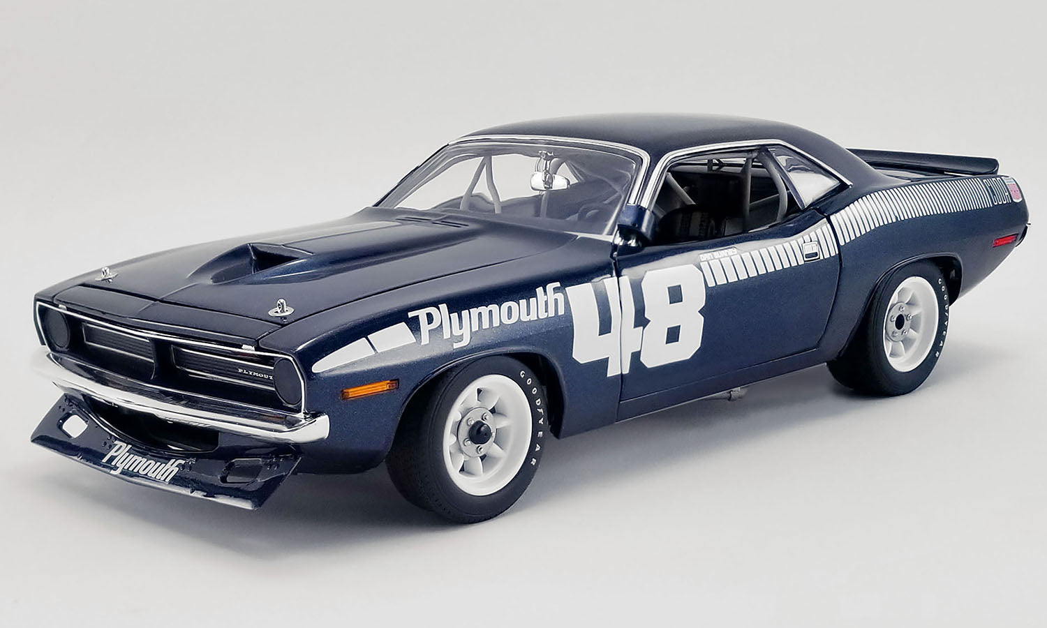 A 1/18 scale model of a 1970 Plymouth TRANS AM Barracuda Pilot Car in dark blue color with "Plymouth" and "48" white graphics on the side.