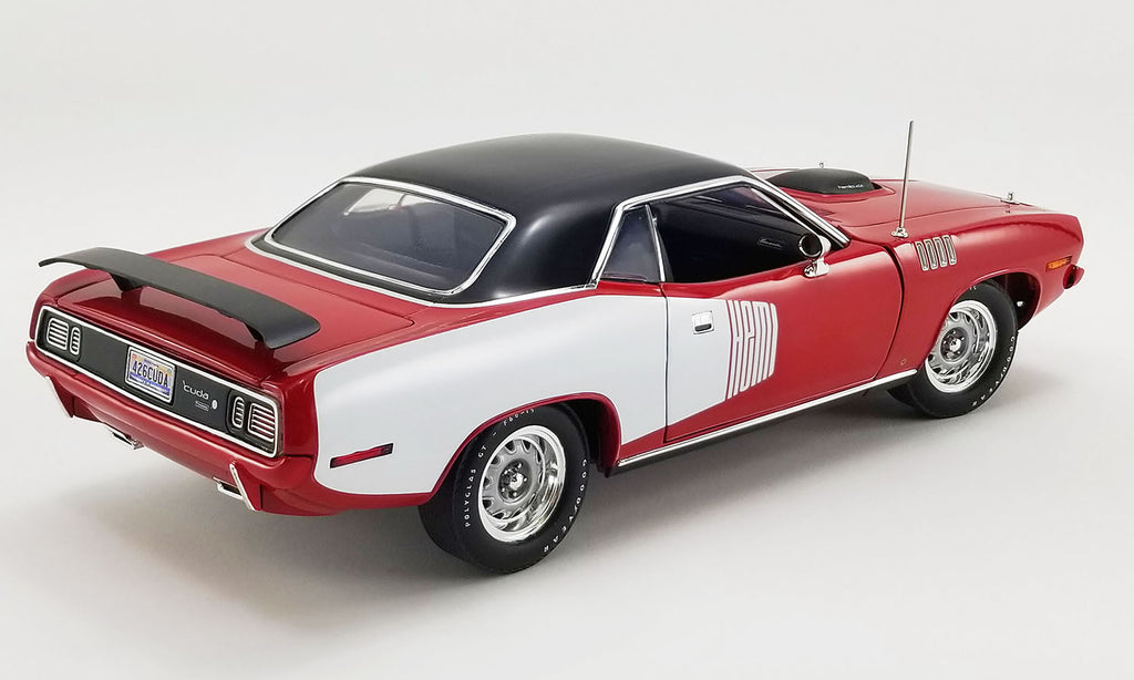 1/18 scale model of a red 1971 Plymouth Hemi Barracuda with white HEMI billboard and black roof.