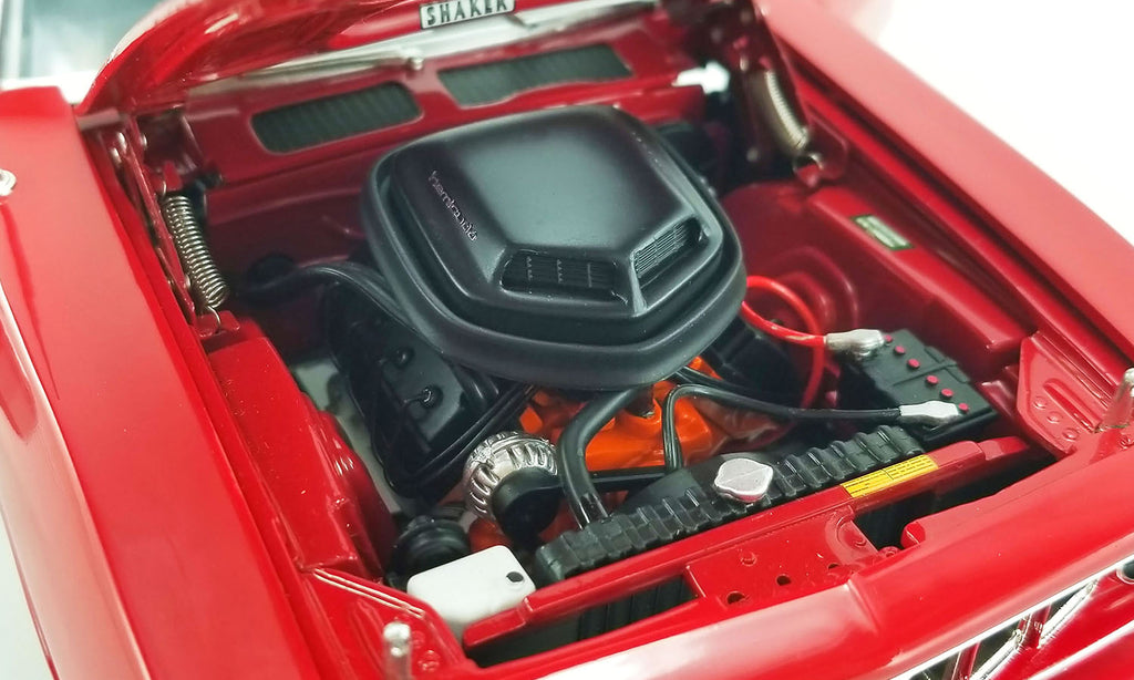 Under the hood view of 1/18 scale model 1971 Cuda.