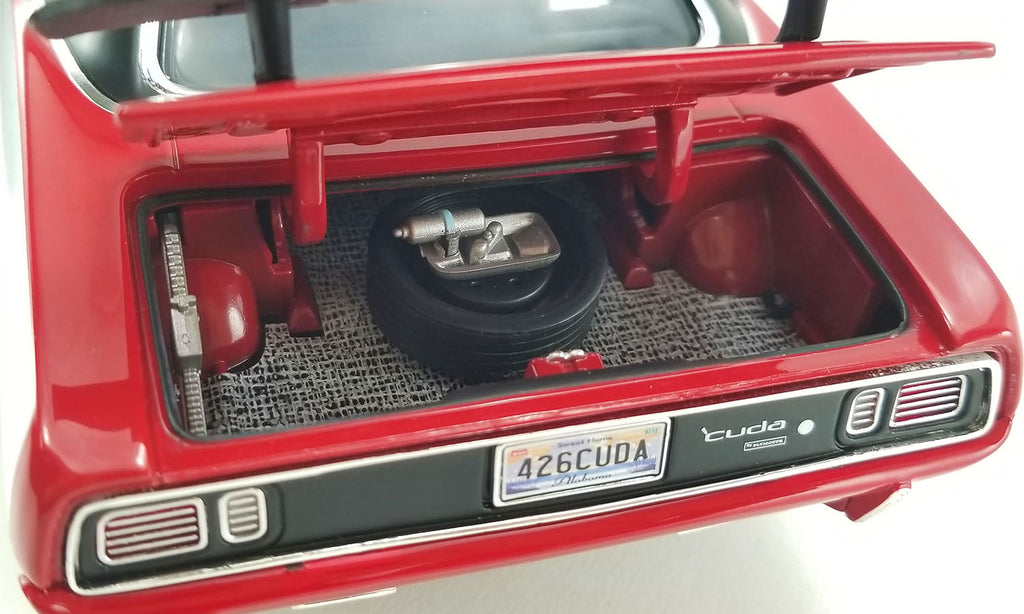 Close up of inside the trunk of a 1971 Cuda diecast model.