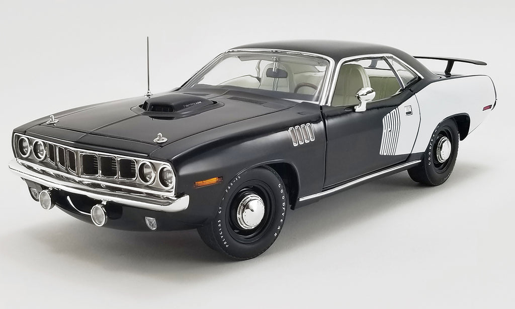 1/18 scale model car of 1971 Hemi Cuda in black with white.