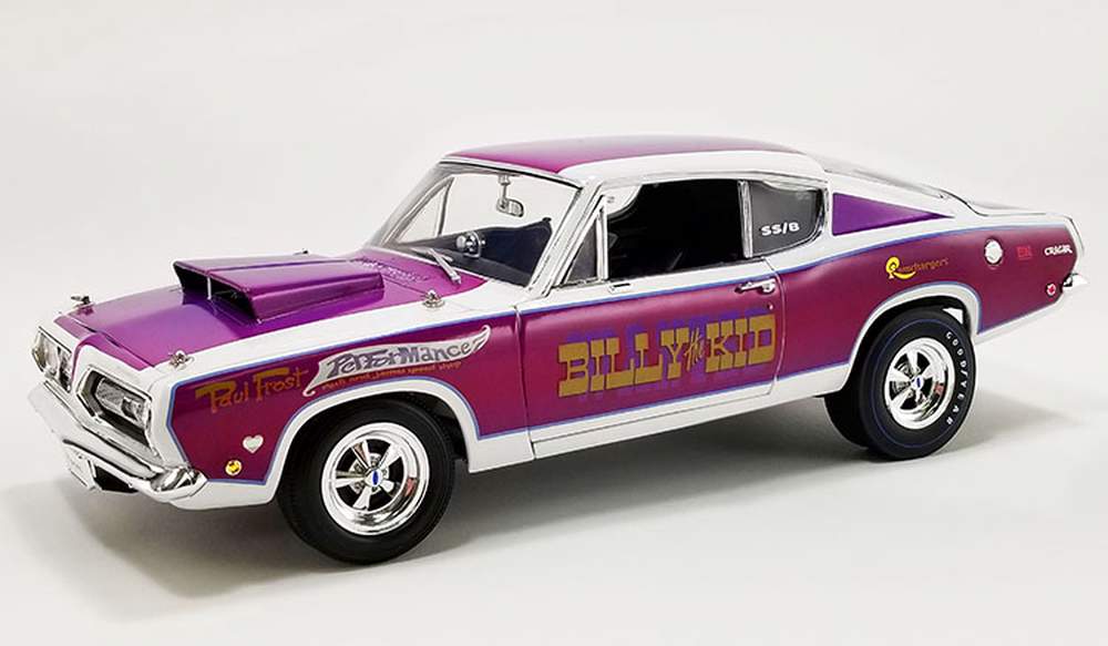 A 1/18 scale model of a 1968 Plymouth Barracuda Super Stock Billy the Kid in white with magenta color and "Billy the Kid" Lettered on the door.