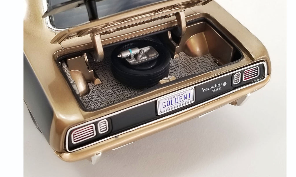 Back of 1/18 scale model car with open trunk and license plate reads "GOLDEN1"