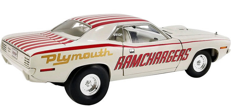 1/18 scale model of a 1970 Plymouth Cuda Super Stock car in white and red with "RAMCHARGERS" and "Plymouth" text on the side.