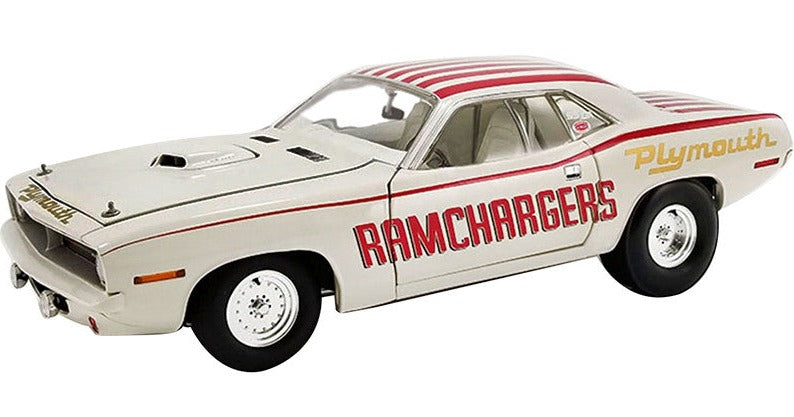 1/18 scale model of a 1970 Plymouth Cuda Super Stock car in white and red with "RAMCHARGERS" and "Plymouth" text on the side.