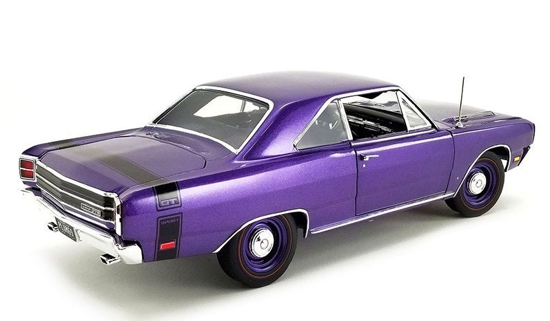 1/18 scale model of a 1969 Dodge Dart GTS in purple color.