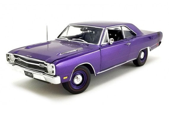 1/18 scale model of a 1969 Dodge Dart GTS in purple color.