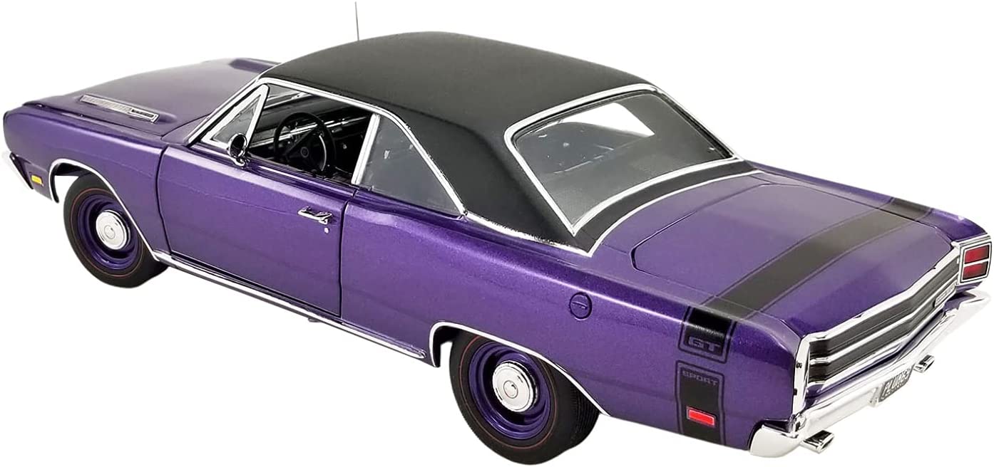 1/18 scale model of 1969 Dodge Dart GTS440 painted purple with a black vinyl roof.