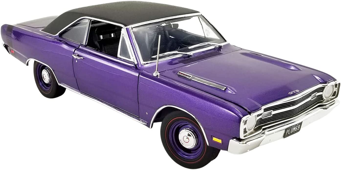 1/18 scale model of 1969 Dodge Dart GTS440 painted purple with a black vinyl roof.