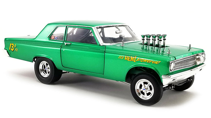 Diecast model of 1965 Dodge AWB Custom painted green.